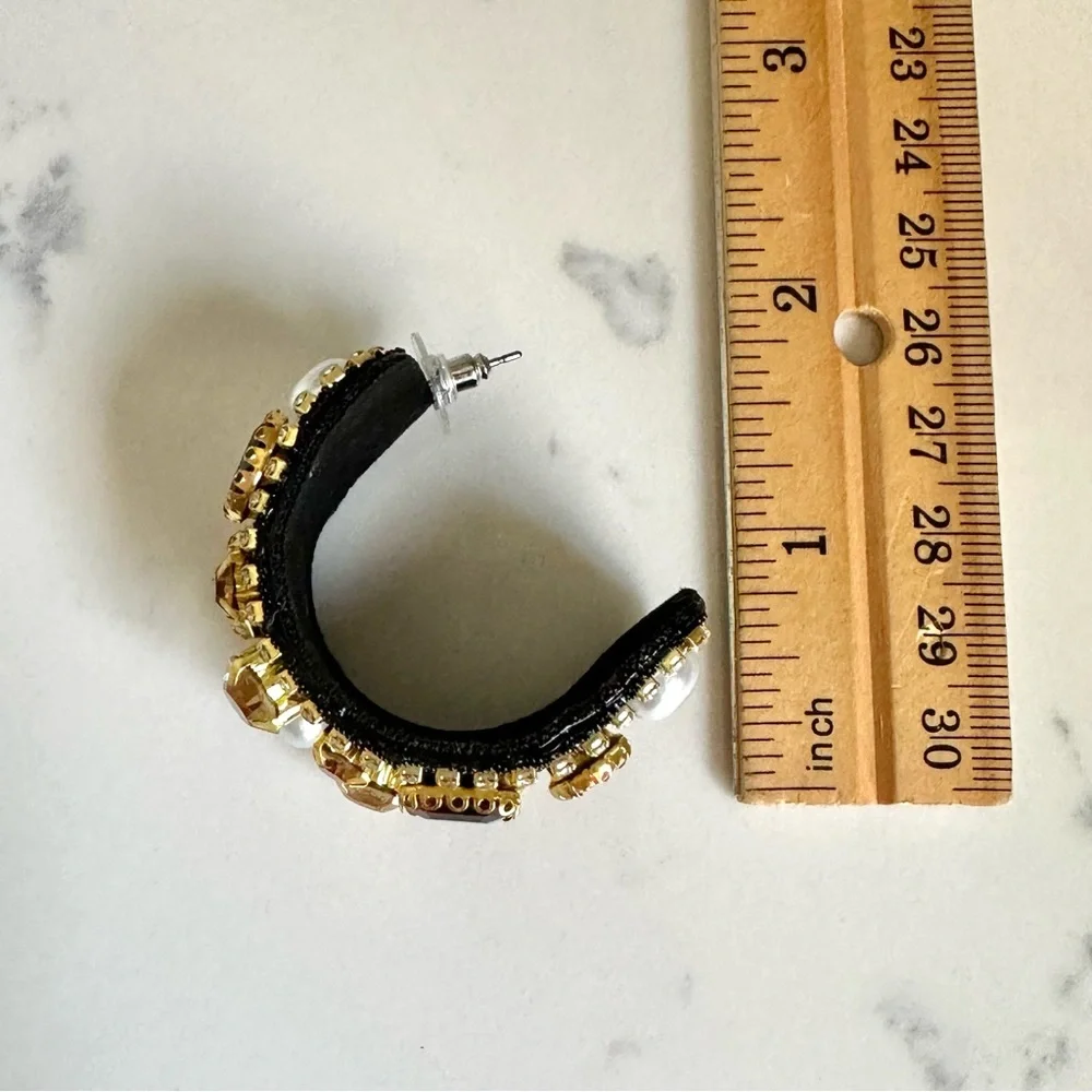 2/$30🌵 Bejeweled Thick Black Hoop Earrings Rhinestone Faux Pearl Royalty NEW